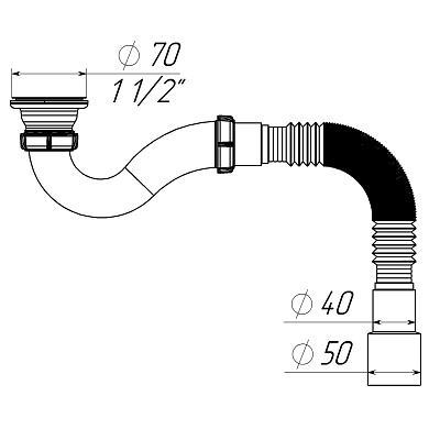 V145 Сифон для душевого поддона 1½"х40 прямоточный с гофротрубой 40х40-50 